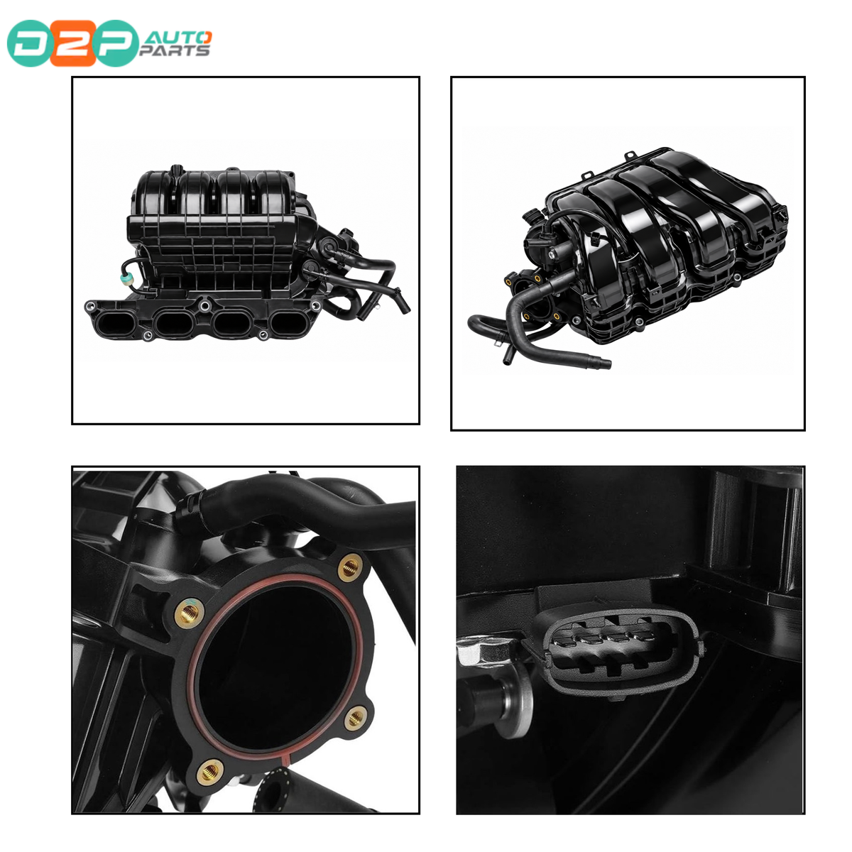Four detail views of intake manifold 28310-2E767 replacement: front, top, throttle body flange and sensor port
