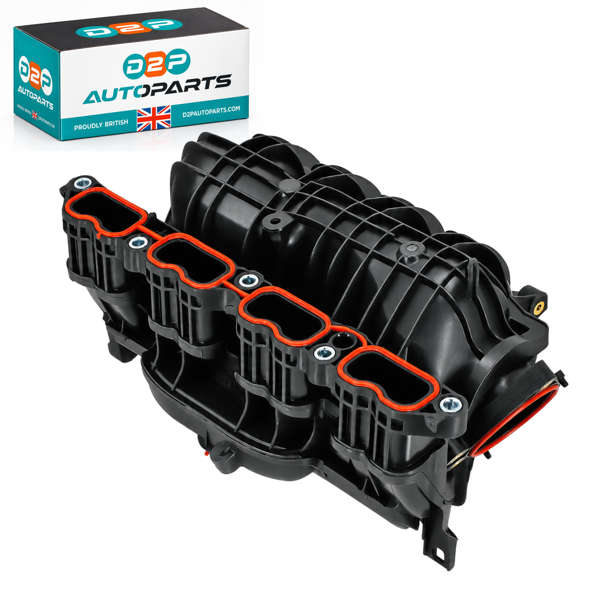 Toyota 2.5L hybrid intake manifold 17120-F0020 with gasket shown next to D2P Autoparts box