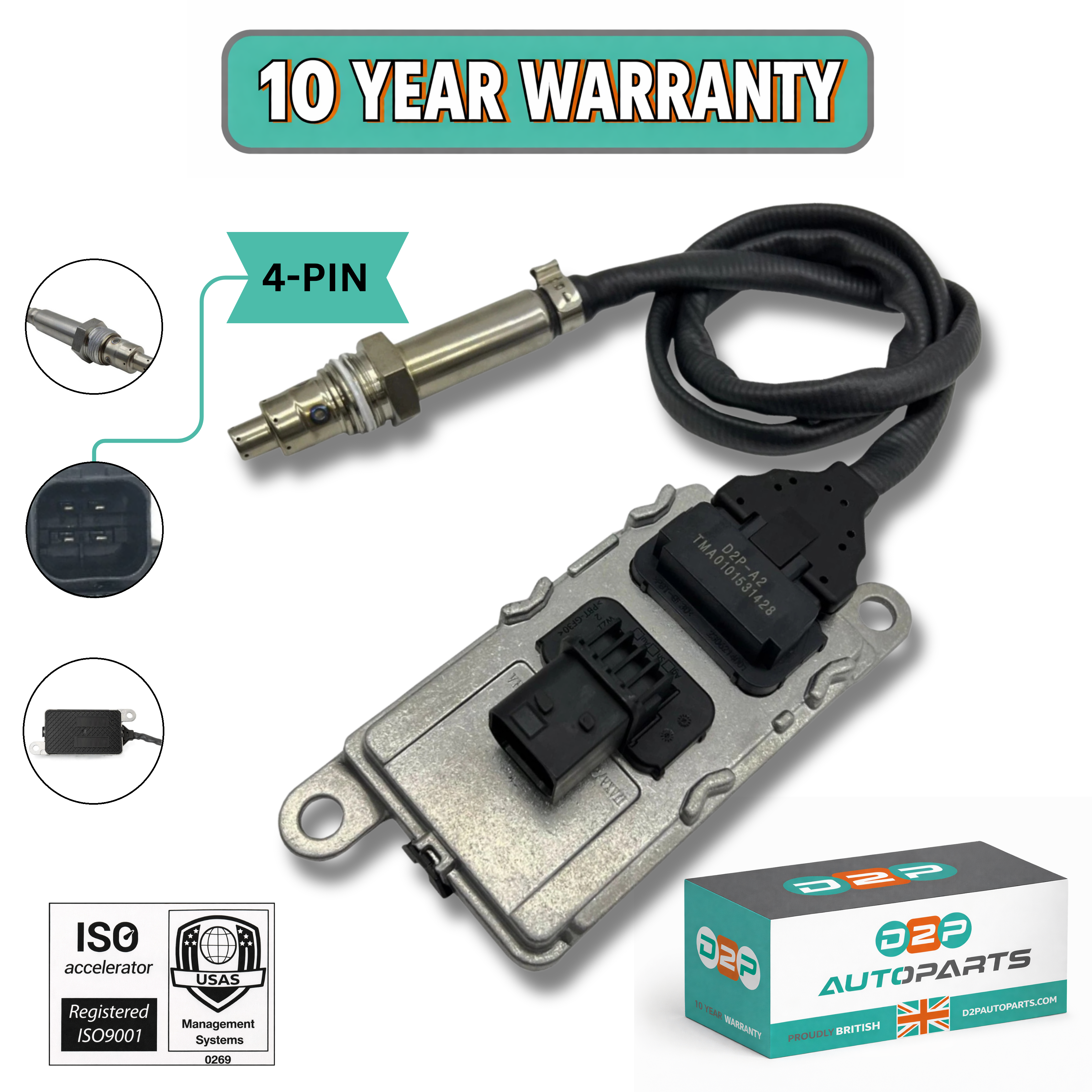 D2P Nitrogen / Oxygen Sensor (NOx Sensor) 4-PIN for Mercedes-Benz Truck 24V | Terminal Type : Blade & Bullet | OEM Quality Replacement | Part No: A0101531428, 5WK97329A, A2C87396000-01