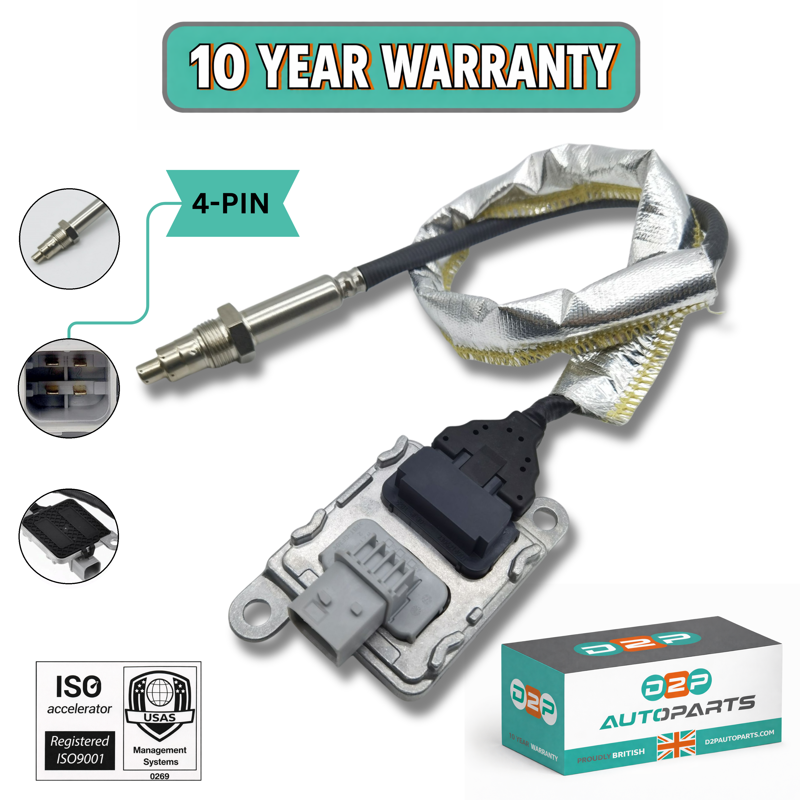 D2P Nitrogen Oxide (NOx) Sensor (Upstream / Inlet) for CUMMINS | Freightliner | Western Star | International / Kenworth | Peterbilt | Volvo | Pierce Mfg. Inc. | OEM Quality Replacement | Part No: 5WK96740B