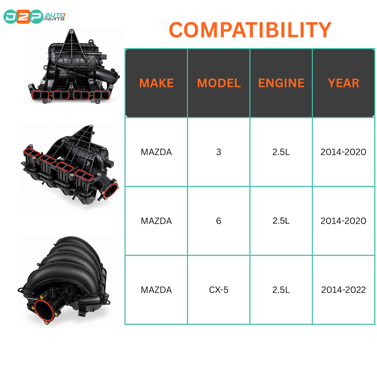 D2P Autoparts Engine Intake Manifold, Replaces PY01-13-100A – 2014-2020 Mazda 3, Mazda 6, CX-5 2.5L Non-Turbo