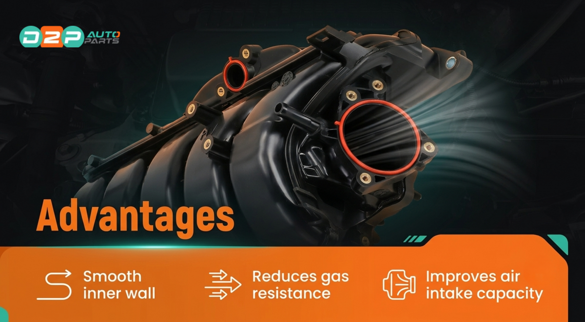 D2P Autoparts intake manifold for Toyota 2.5L hybrid showing throttle body inlet and port seals
