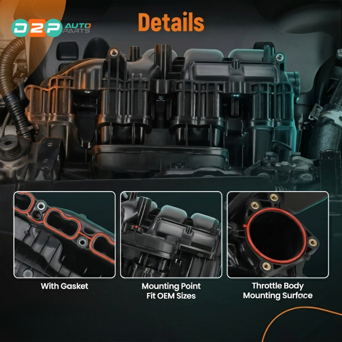 Detail views of 17120-F0020 replacement intake manifold: gasket, mounting points and throttle body mounting surface